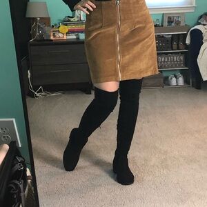 Black Suede Over The Knee Boots Side Zip Drawstring Top Block Heel Size 7